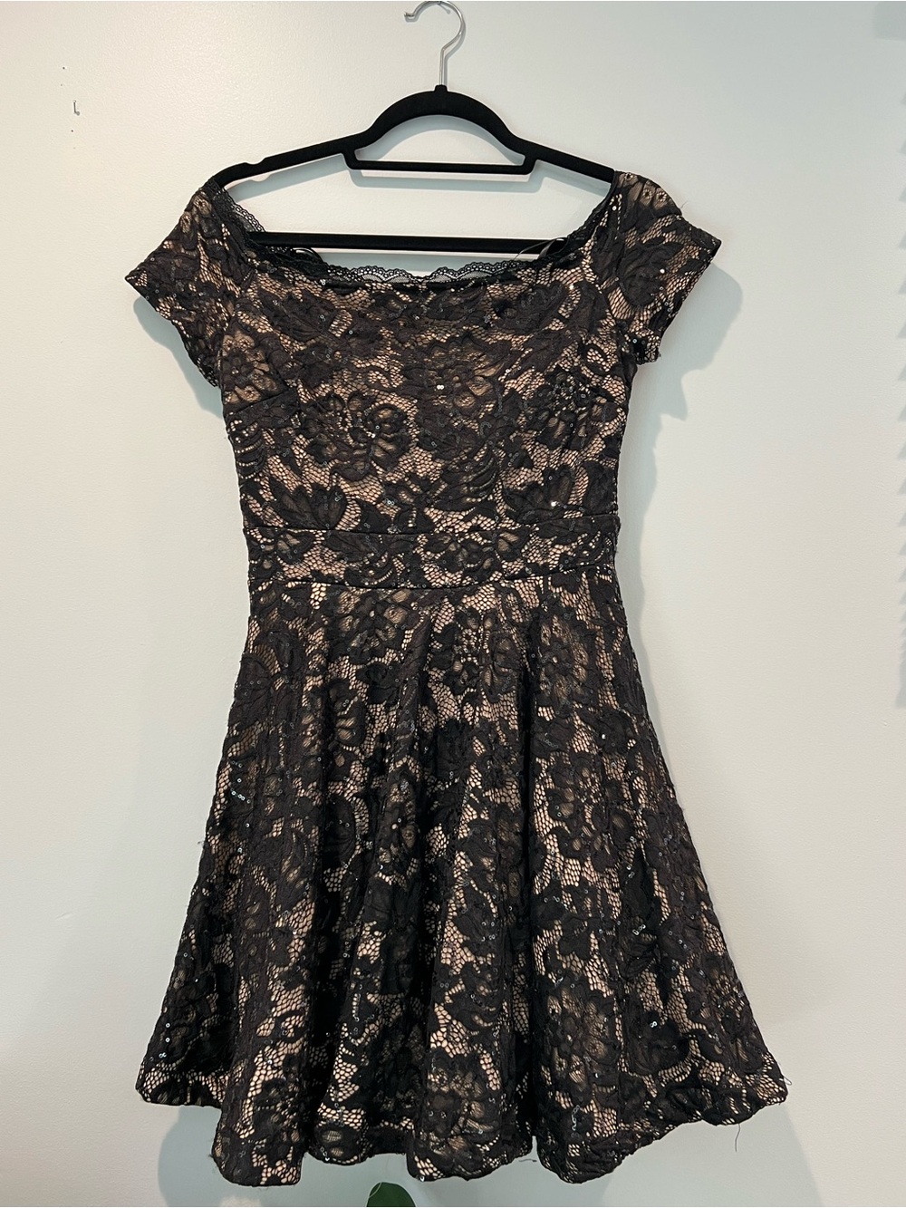B Darlin Black Lace One-Shoulder Fit-and-Flare Dress with Nude Underlay